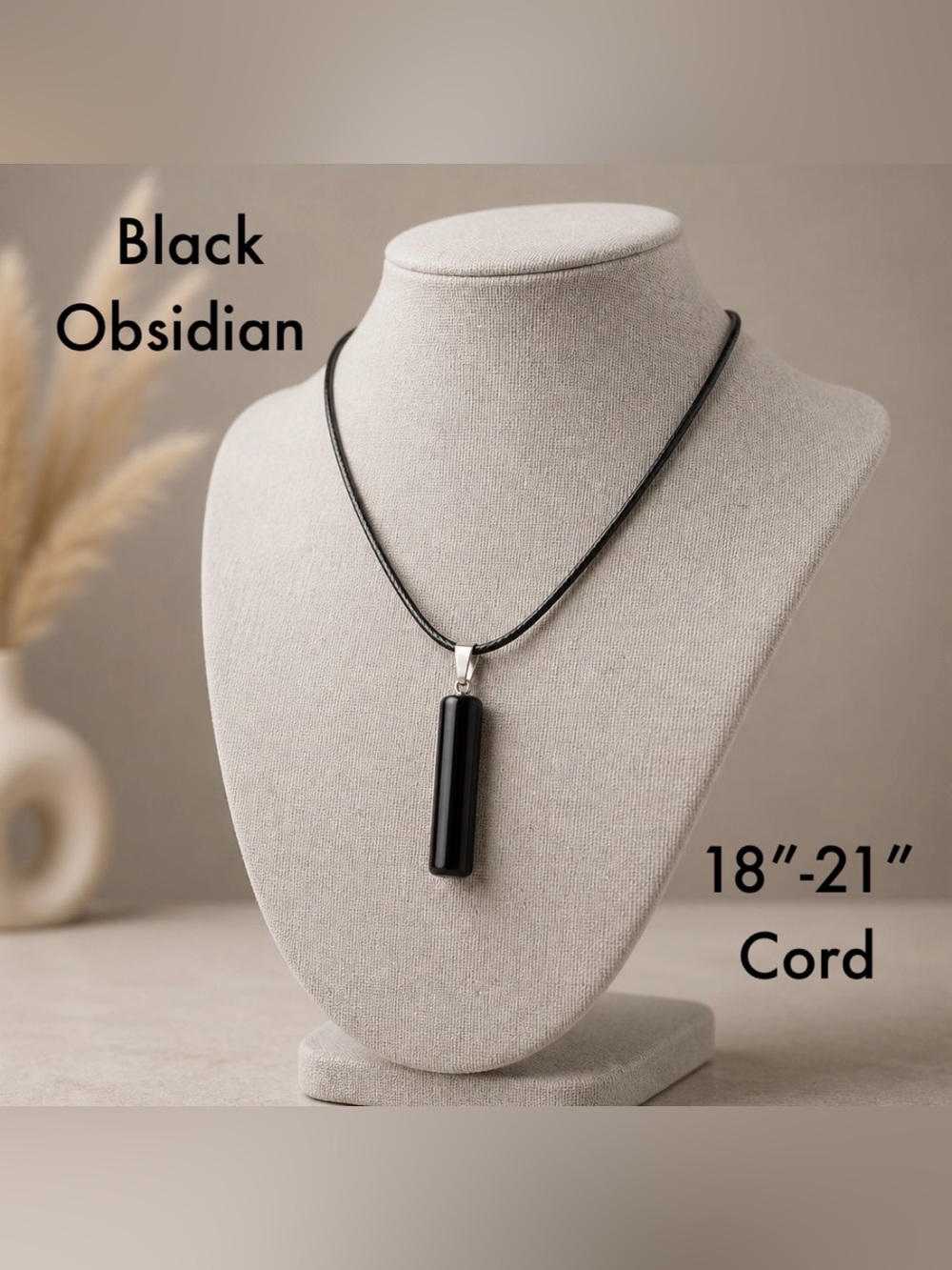 Black Obsidian Cylinder Pendant Necklace - Crystal / Stone